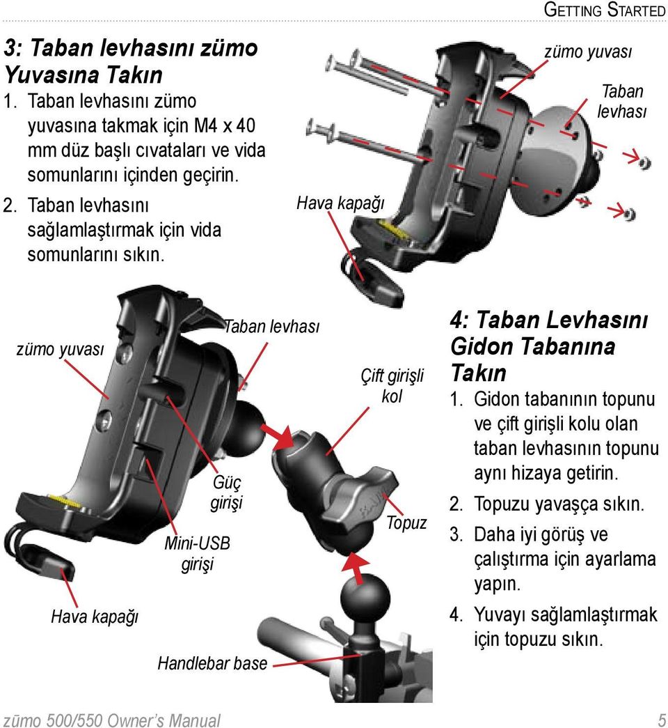 Hava kapağı Getting Started zümo yuvası Taban levhası zümo yuvası Taban levhası Güç girişi Mini-USB girişi Çift girişli kol Topuz 4: Taban Levhasını Gidon Tabanına