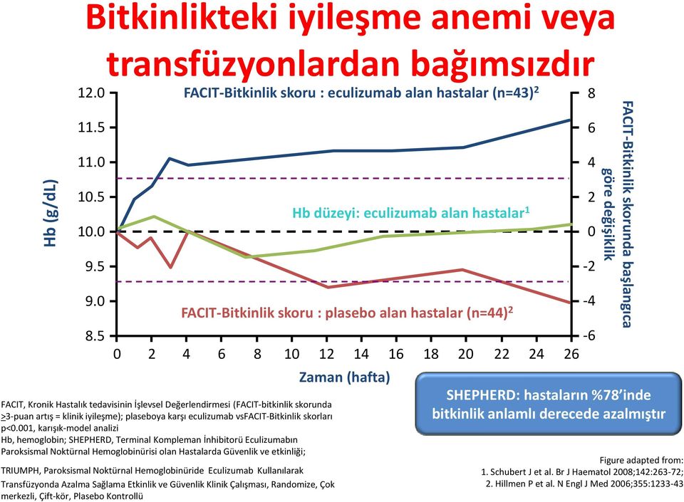 plaseboya karşı eculizumab vsfacit-bitkinlik skorları p<0.