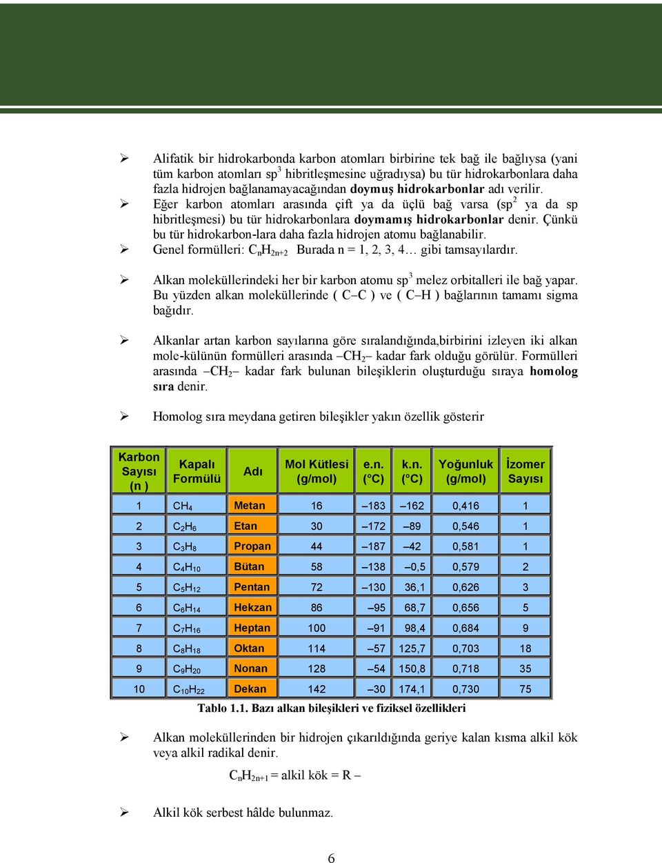 Çünkü bu tür hidrokarbon-lara daha fazla hidrojen atomu bağlanabilir. Genel formülleri: C n 2n+2 Burada n = 1, 2, 3, 4 gibi tamsayılardır.