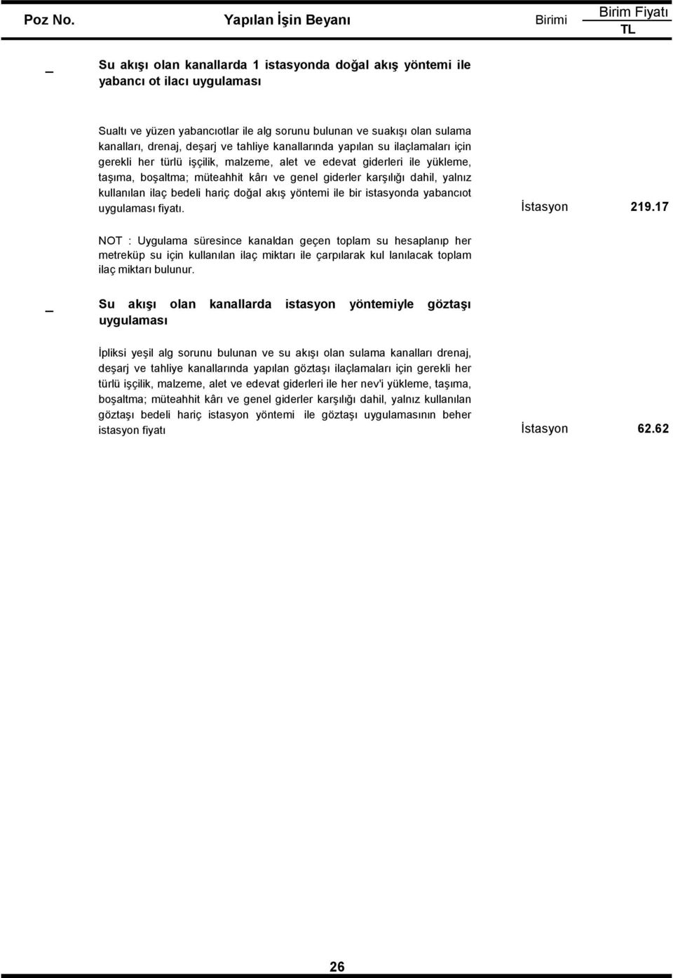 drenaj, deşarj ve tahliye kanallarında yapılan su ilaçlamaları için gerekli her türlü işçilik, malzeme, alet ve edevat giderleri ile yükleme, taşıma, boşaltma; müteahhit kârı ve genel giderler