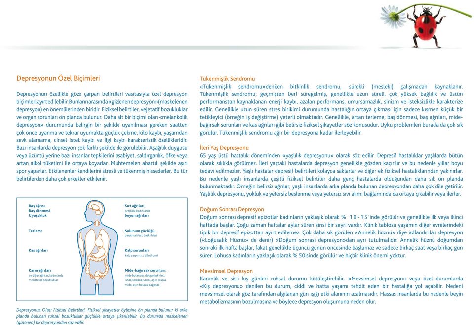 Daha alt bir biçimi olan «melankolik depresyon» durumunda belirgin bir şekilde uyanılması gereken saatten çok önce uyanma ve tekrar uyumakta güçlük çekme, kilo kaybı, yaşamdan zevk alamama, cinsel