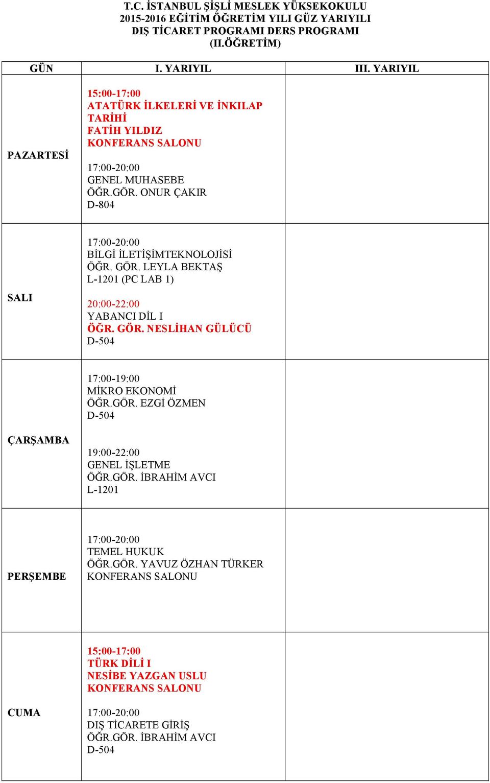 GÖR. EZGİ ÖZMEN D-504 19:00-22:00 GENEL İŞLETME ÖĞR.GÖR. İBRAHİM AVCI L-1201 TEMEL HUKUK ÖĞR.GÖR. YAVUZ ÖZHAN TÜRKER NESİBE YAZGAN USLU DIŞ TİCARETE GİRİŞ ÖĞR.