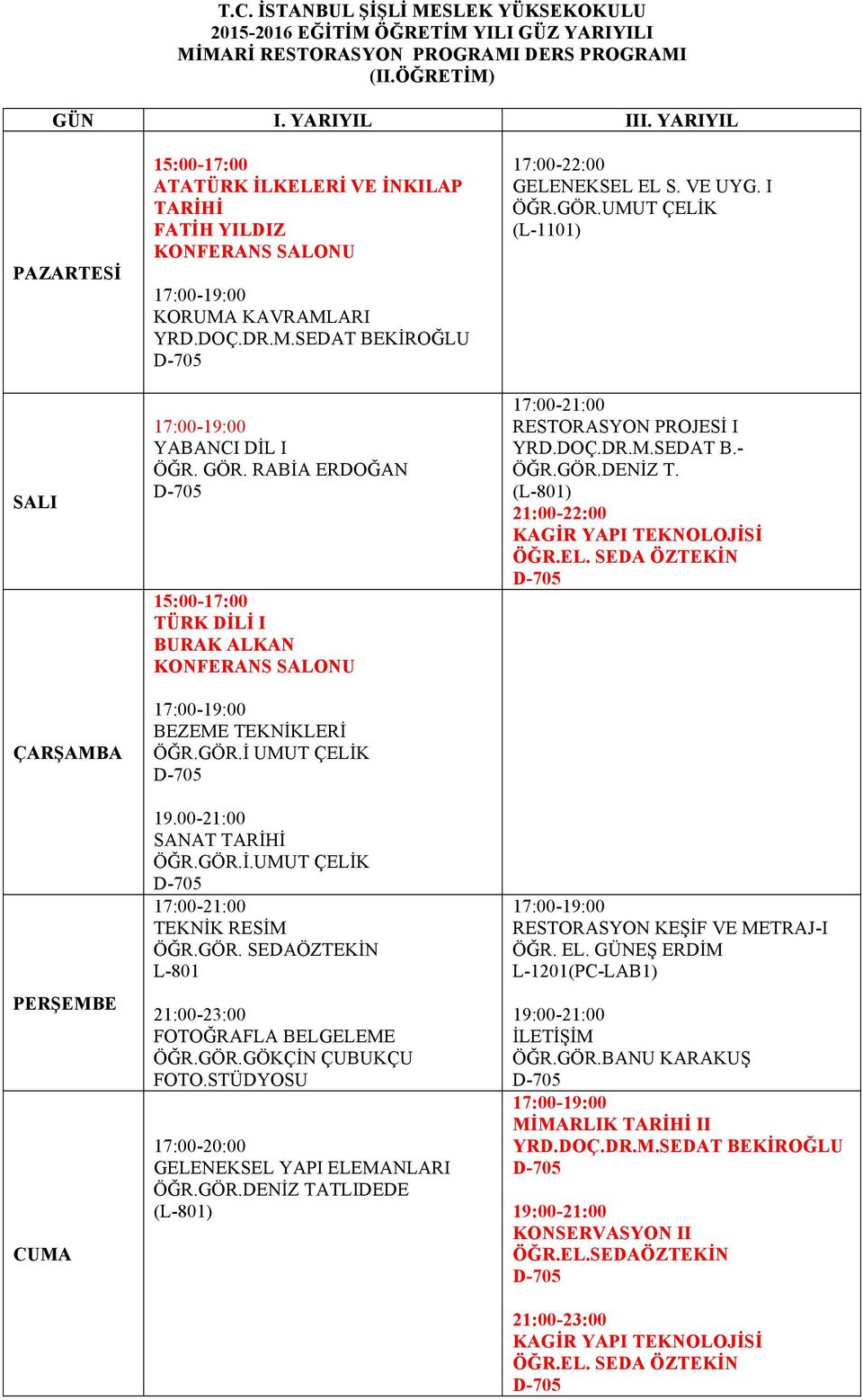 VE UYG. I ÖĞR.GÖR.UMUT ÇELİK (L-1101) 17:00-21:00 RESTORASYON PROJESİ I YRD.DOÇ.DR.M.SEDAT B.- ÖĞR.GÖR.DENİZ T. (L-801) 21:00-22:00 KAGİR YAPI TEKNOLOJİSİ ÖĞR.EL. SEDA ÖZTEKİN D-705 RESTORASYON KEŞİF VE METRAJ-I ÖĞR.