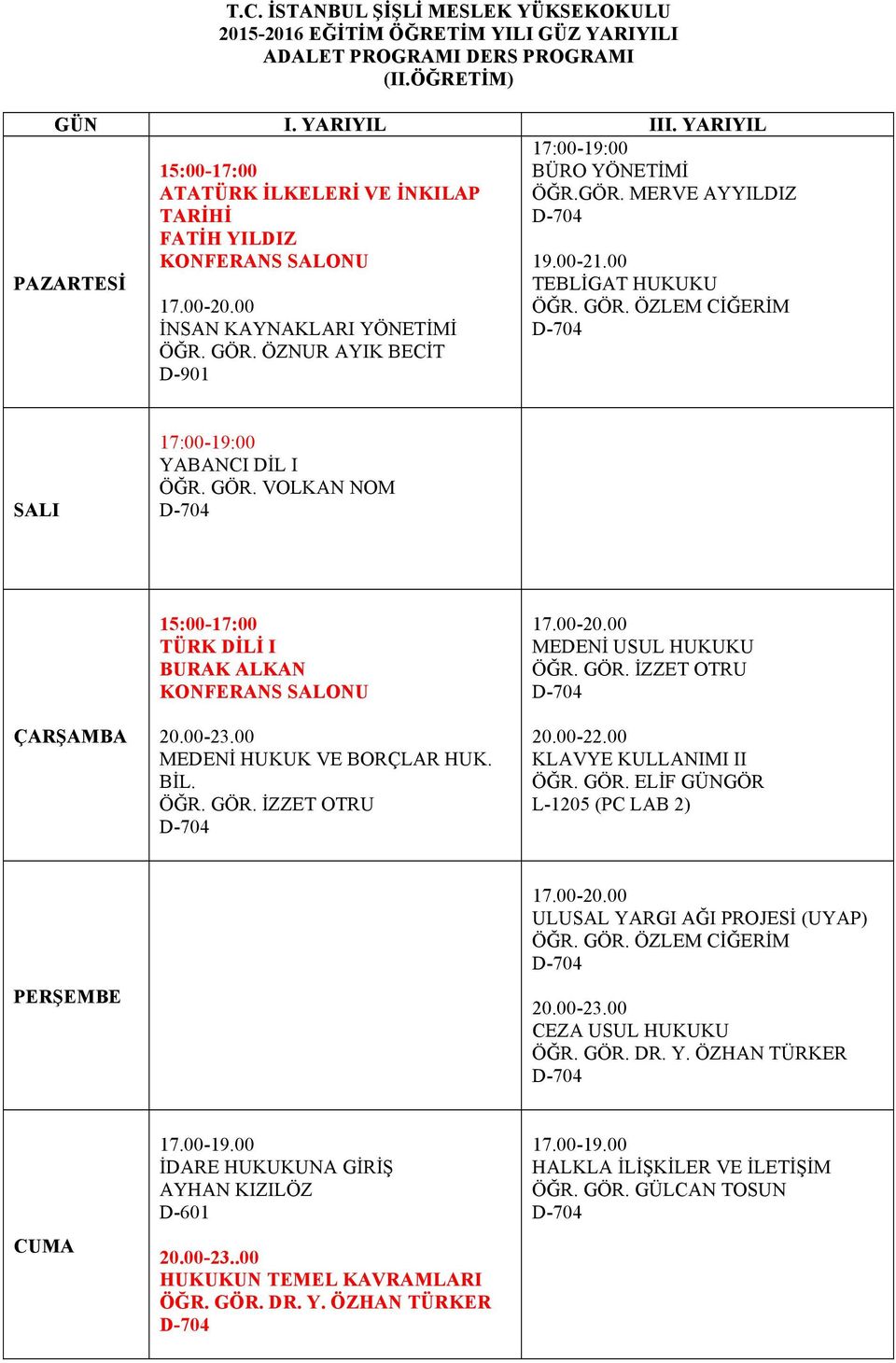 00 MEDENİ USUL HUKUKU ÖĞR. GÖR. İZZET OTRU 20.00-22.00 KLAVYE KULLANIMI II ÖĞR. GÖR. ELİF GÜNGÖR L-1205 (PC LAB 2) 17.00-20.00 ULUSAL YARGI AĞI PROJESİ (UYAP) ÖĞR. GÖR. ÖZLEM CİĞERİM 20.00-23.