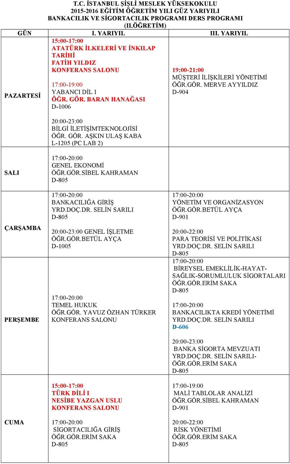 GÖR.ERİM SAKA D-805 YÖNETİM VE ORGANİZASYON ÖĞR.GÖR.BETÜL AYÇA D-901 20:00-22:00 PARA TEORİSİ VE POLİTİKASI YRD.DOÇ.DR. SELİN SARILI D-805 BİREYSEL EMEKLİLİK-HAYAT- SAĞLIK-SORUMLULUK SİGORTALARI ÖĞR.