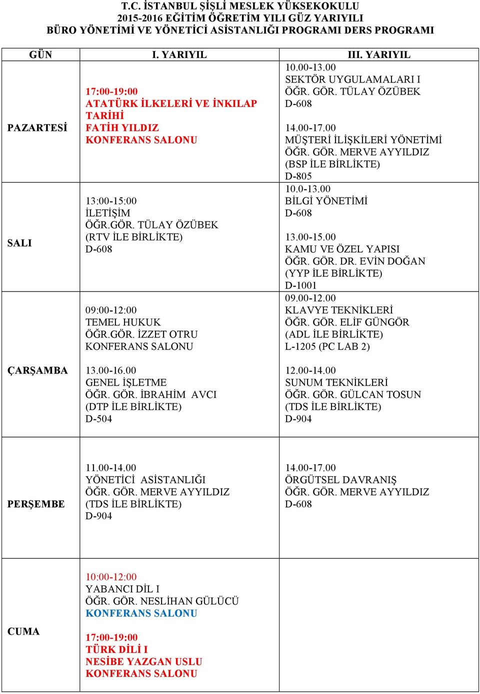 MERVE AYYILDIZ (BSP İLE BİRLİKTE) D-805 10.0-13.00 BİLGİ YÖNETİMİ D-608 13.00-15.00 KAMU VE ÖZEL YAPISI ÖĞR. GÖR. DR. EVİN DOĞAN (YYP İLE BİRLİKTE) 09.00-12.00 KLAVYE TEKNİKLERİ ÖĞR. GÖR. ELİF GÜNGÖR (ADL İLE BİRLİKTE) L-1205 (PC LAB 2) 13.