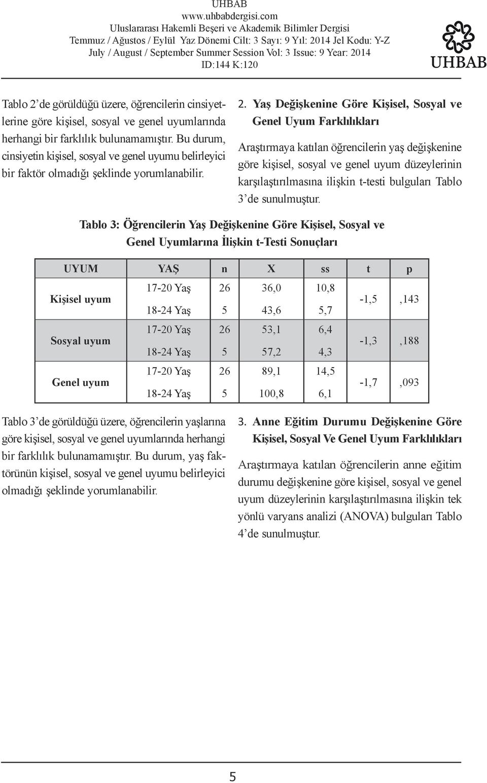 Yaş Değişkenine Göre Kişisel, Sosyal ve Genel Uyum Farklılıkları Araştırmaya katılan öğrencilerin yaş değişkenine göre kişisel, sosyal ve genel uyum düzeylerinin karşılaştırılmasına ilişkin t-testi