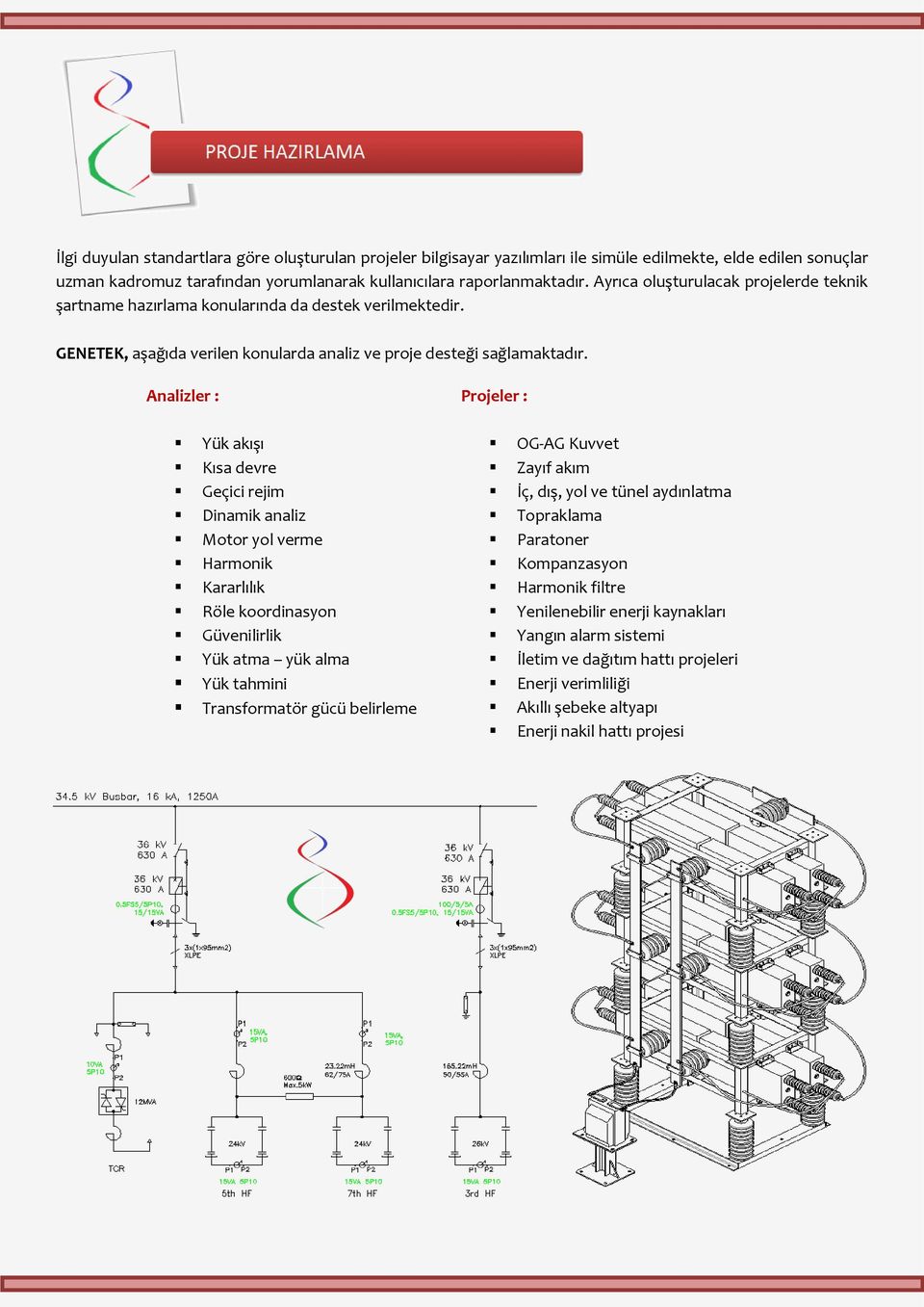Analizler : Yük akışı Kısa devre Geçici rejim Dinamik analiz Motor yol verme Harmonik Kararlılık Röle koordinasyon Güvenilirlik Yük atma yük alma Yük tahmini Transformatör gücü belirleme Projeler :