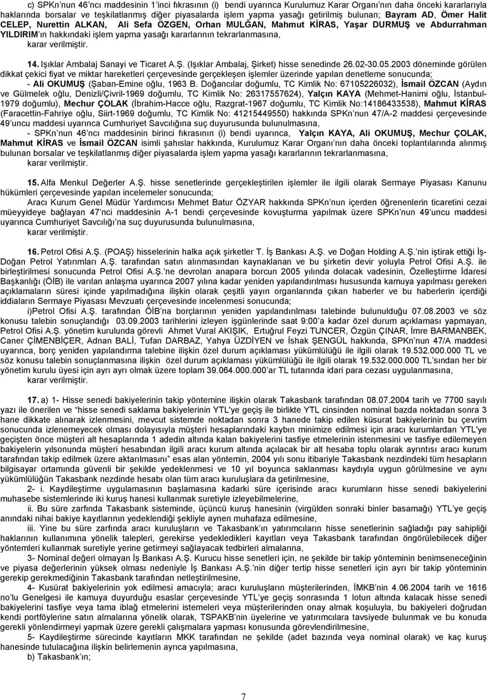 tekrarlanmasına, 14. Işıklar Ambalaj Sanayi ve Ticaret A.Ş. (Işıklar Ambalaj, Şirket) hisse senedinde 26.02-30.05.