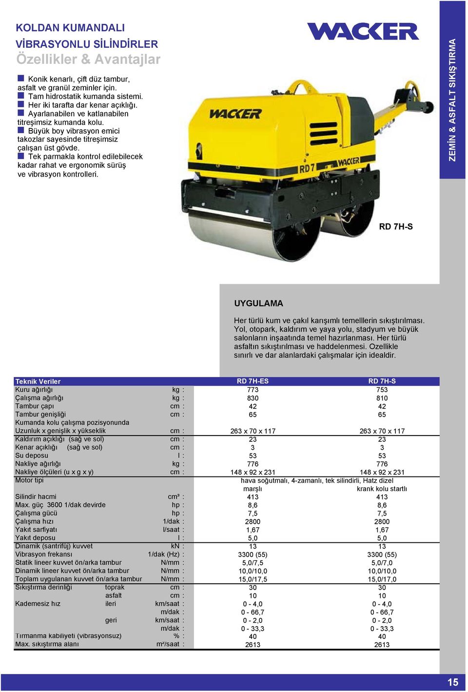 Tek parmakla kontrol edilebilecek kadar rahat ve ergonomik sürüş ve vibrasyon kontrolleri. ZEMİN & ASFALT SIKIŞTIRMA RD 7H-S Her türlü kum ve çakıl karışımlı temelllerin sıkıştırılması.