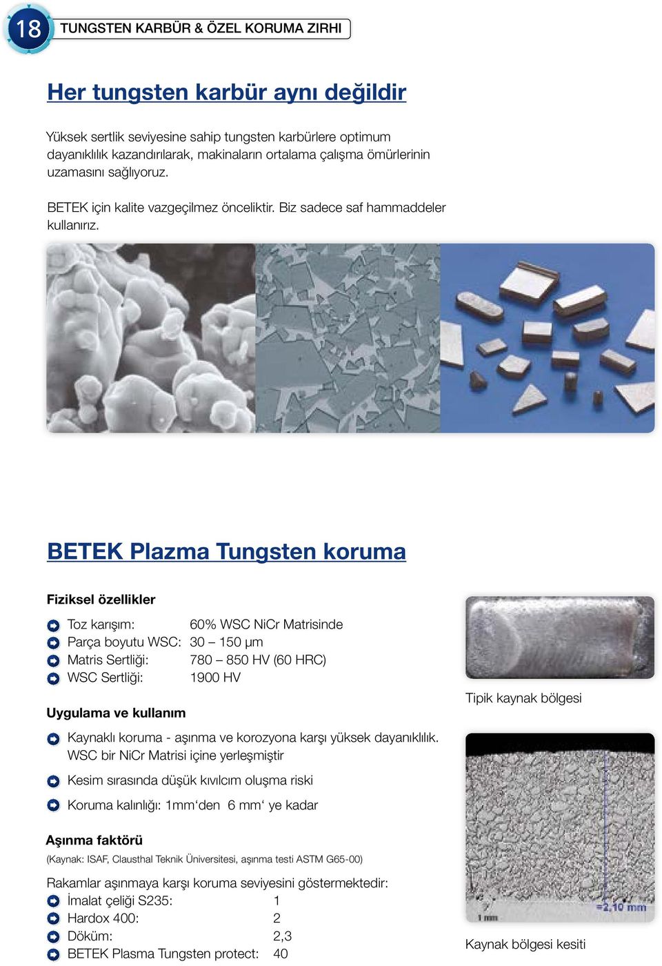 BETEK Plazma Tungsten koruma Fiziksel özellikler Toz karışım: 60% WSC NiCr Matrisinde Parça boyutu WSC: 30 150 µm Matris Sertliği: 780 850 HV (60 HRC) WSC Sertliği: 1900 HV Uygulama ve kullanım