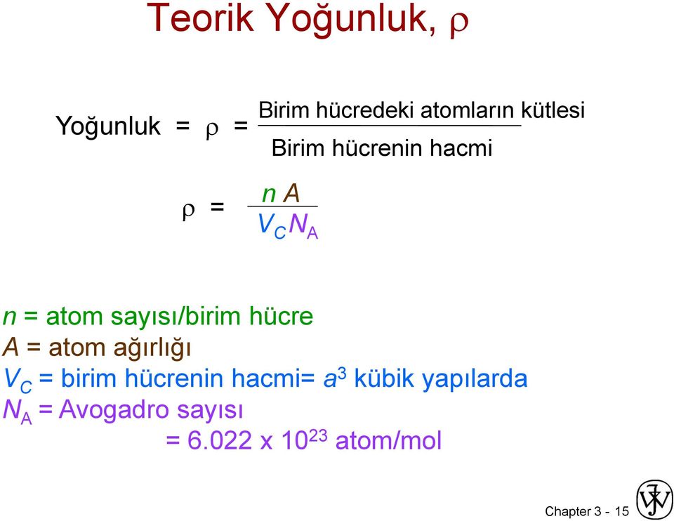 hücre A = atom ağırlığı V C = birim hücrenin hacmi= a 3 kübik