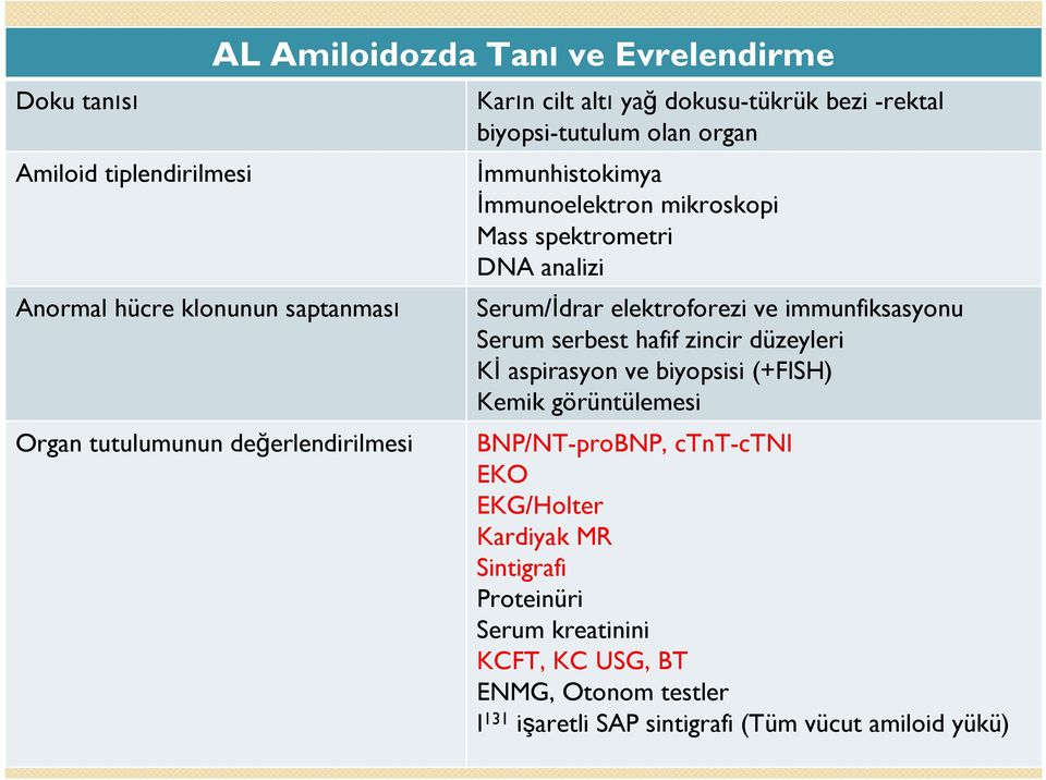 elektroforezi ve immunfiksasyonu Serum serbest hafif zincir düzeyleri Kİ aspirasyon ve biyopsisi (+FISH) Kemik görüntülemesi BNP/NT-proBNP, ctnt-ctni