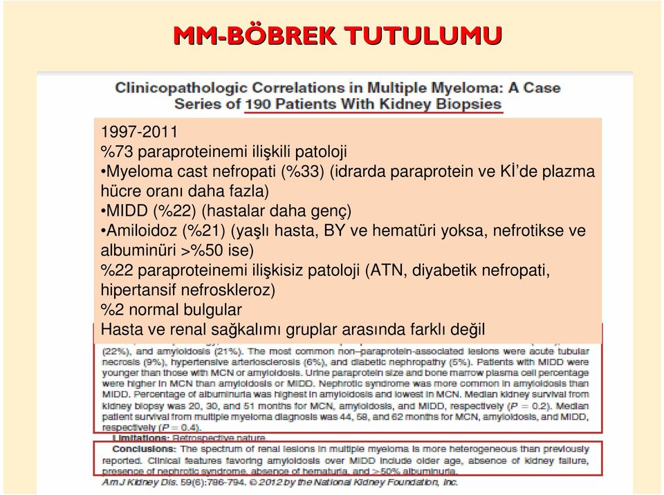 hasta, BY ve hematüri yoksa, nefrotikse ve albuminüri >%50 ise) %22 paraproteinemi ilişkisiz patoloji (ATN,