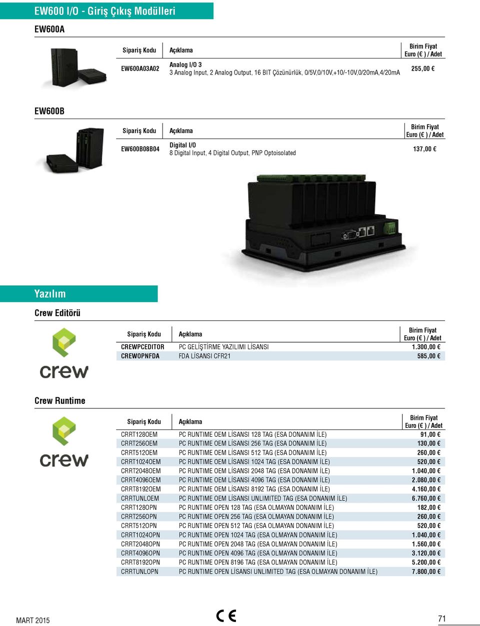 300,00 CREWOPNFDA FDA LİSANSI CFR21 585,00 Crew Runtime CRRT128OEM PC RUNTIME OEM LİSANSI 128 TAG (ESA DONANIM İLE) 91,00 CRRT256OEM PC RUNTIME OEM LİSANSI 256 TAG (ESA DONANIM İLE) 130,00 CRRT512OEM