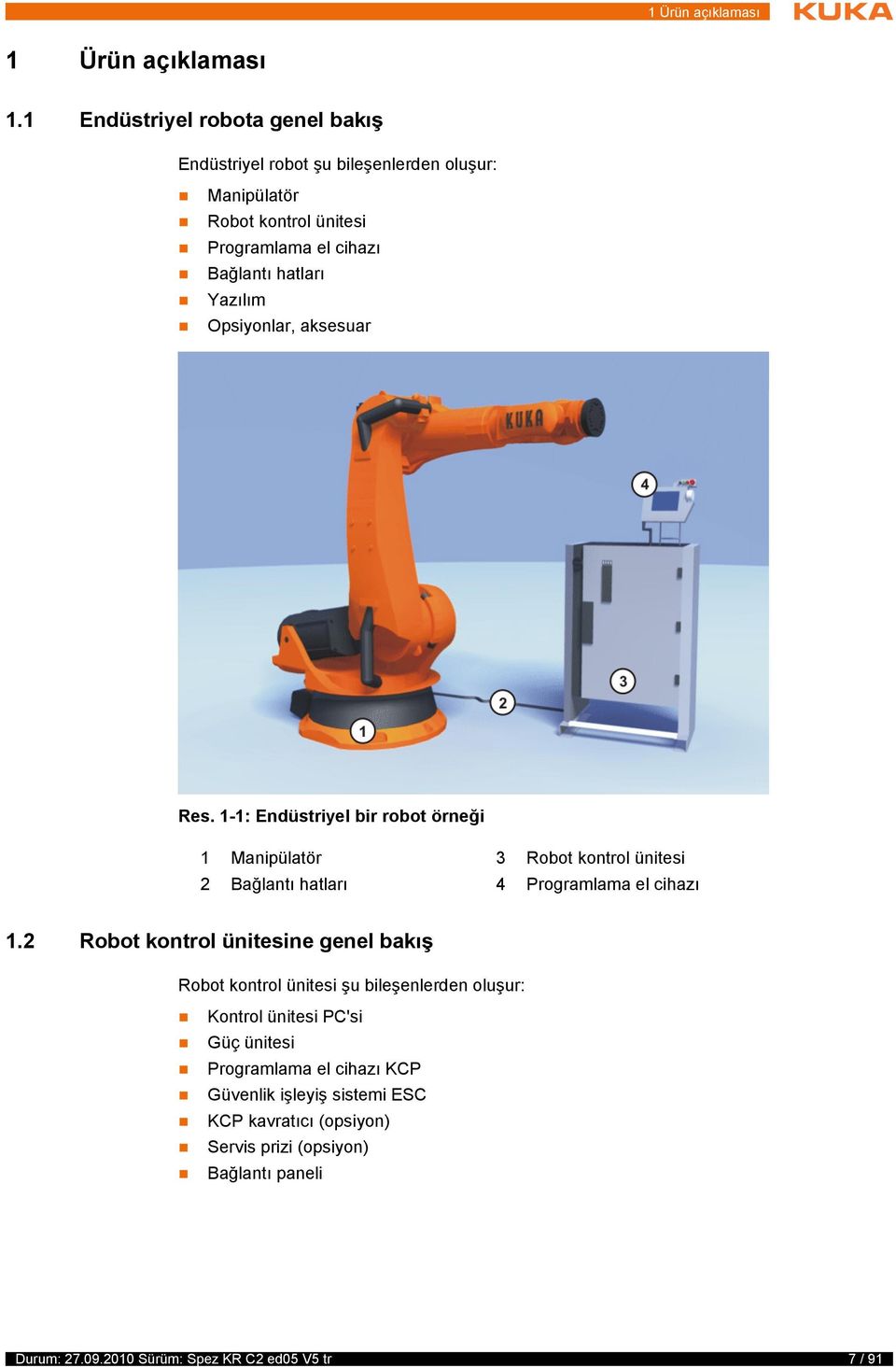 Opsiyonlar, aksesuar Res. 1-1: Endüstriyel bir robot örneği 1 Manipülatör 3 Robot kontrol ünitesi 2 Bağlantı hatları 4 Programlama el cihazı 1.