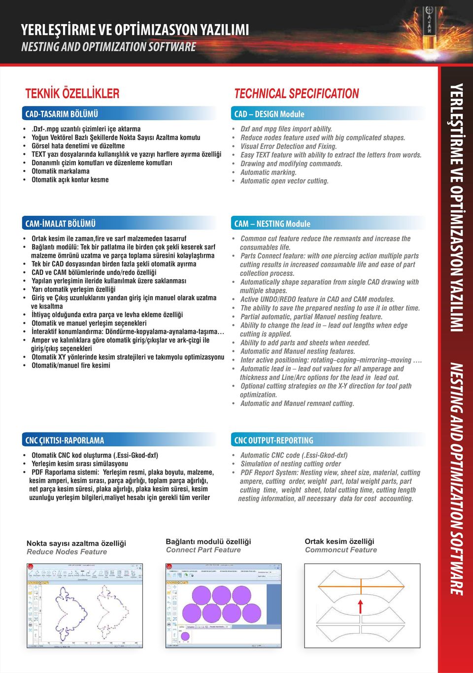 Donanımlı çizim komutları ve düzenleme komutları Otomatik markalama Otomatik açık kontur kesme CAMİMALAT BÖLÜMÜ Ortak kesim ile zaman,fire ve sarf malzemeden tasarruf Bağlantı modülü: Tek bir