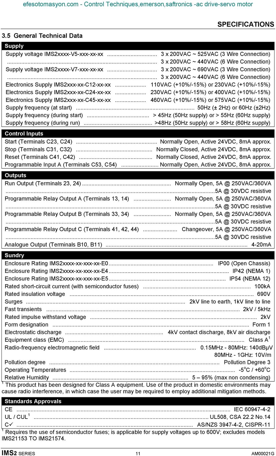 .. 3 x 200VAC ~ 440VAC (6 Wire Connection) Electronics Supply IMS2xxx-xx-C12-xx-xx... 110VAC (+10%/-15%) or 230VAC (+10%/-15%) Electronics Supply IMS2xxx-xx-C24-xx-xx.