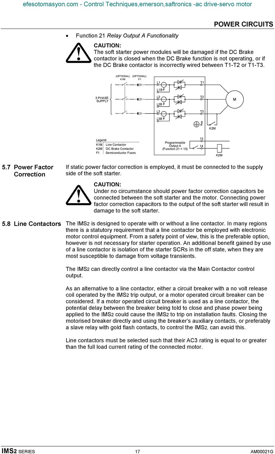 (OPTIONAL) K1M (OPTIONAL) F1 L1 T1 L1B 3 PHASE SUPPLY L2 L2B T2 M L3 T3 L3B E K2M Legend K1M Line Contactor K2M DC Brake Contactor F1 Semiconductor Fuses Programmable Output A (Function 21 = 13) 13