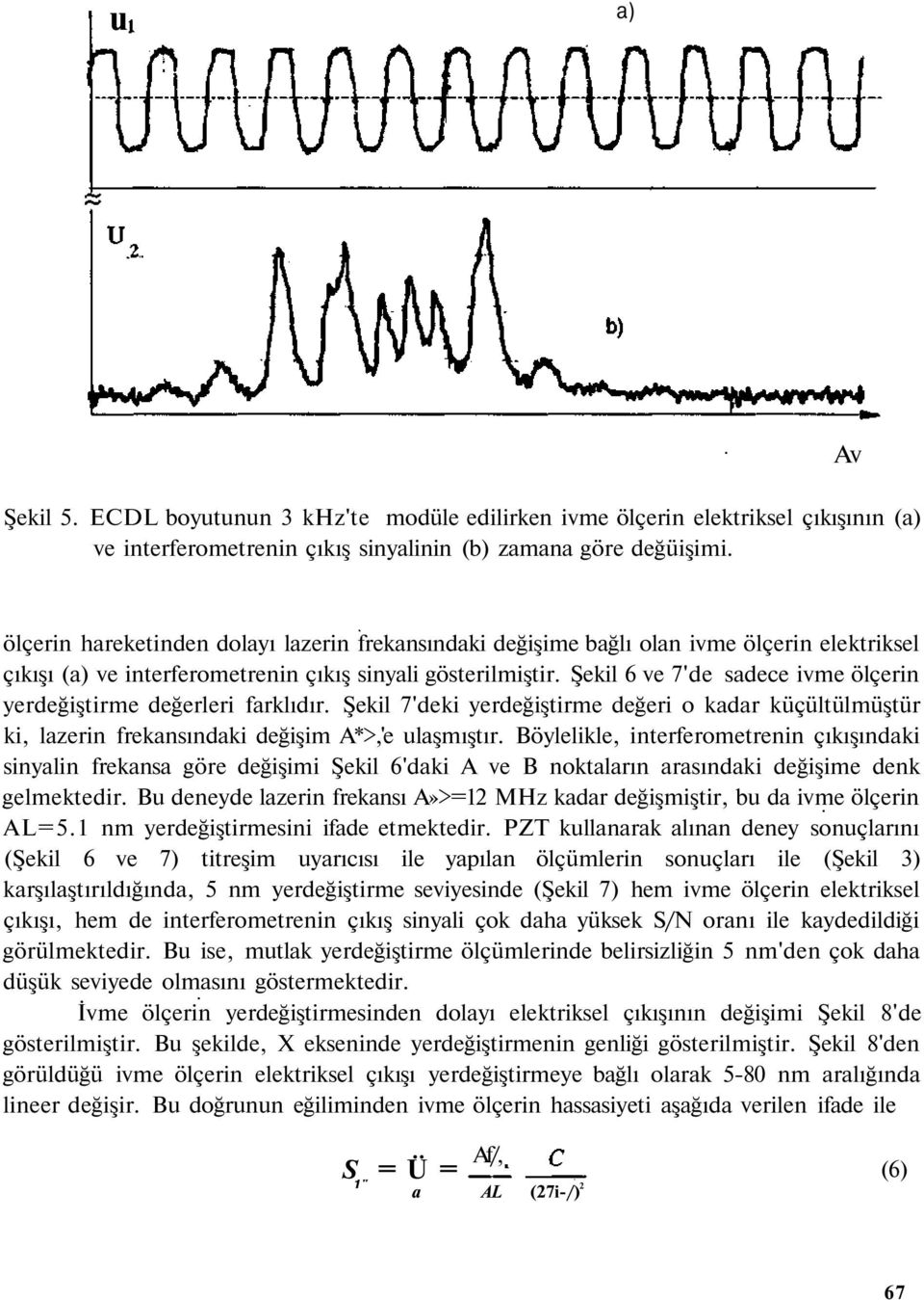 Şekil 6 ve 7'de sadece ivme ölçerin yerdeğiştirme değerleri farklıdır. Şekil 7'deki yerdeğiştirme değeri o kadar küçültülmüştür ki, lazerin frekansındaki değişim A*>,'e ulaşmıştır.