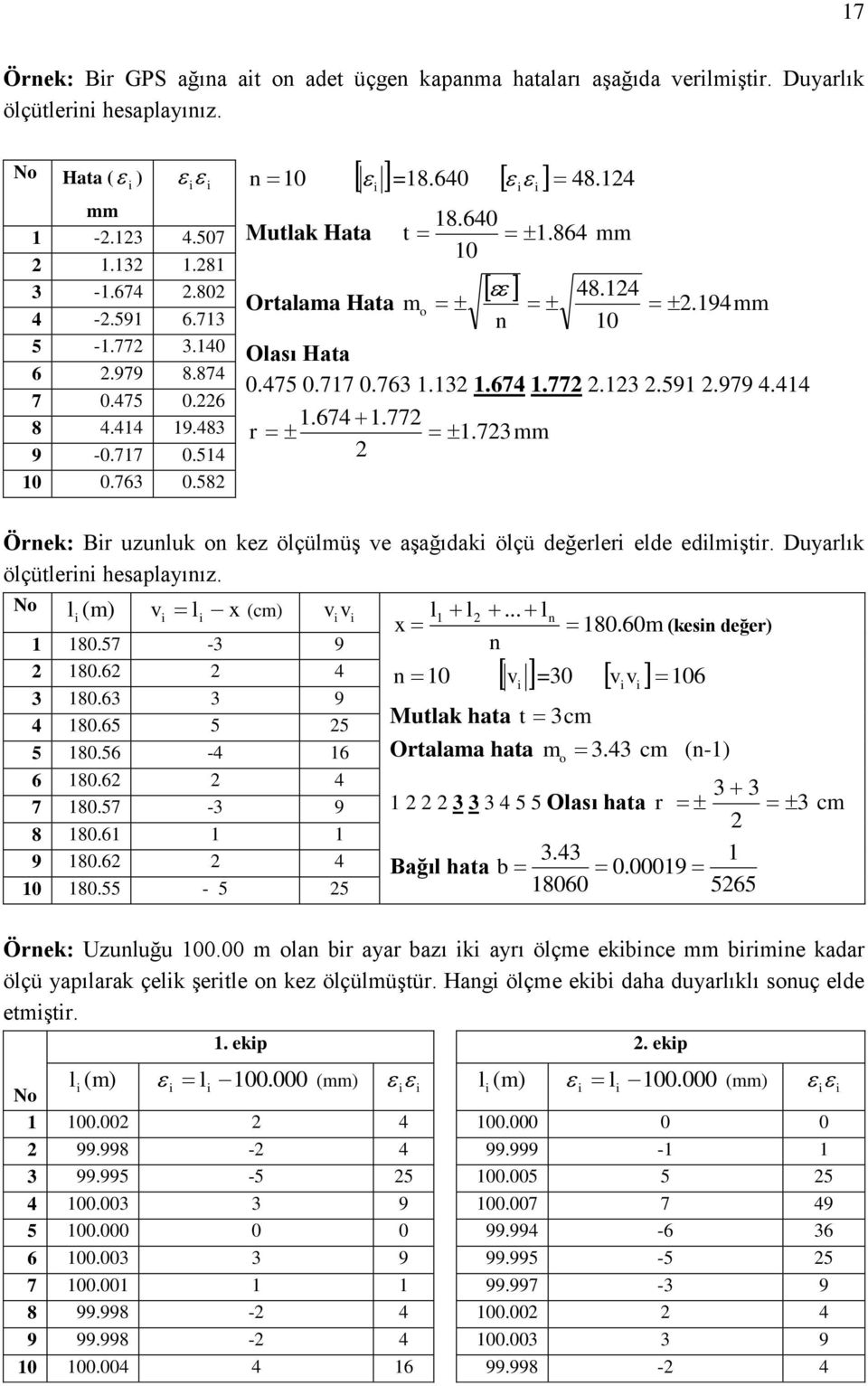 73mm Örnek: Bir uzunluk on kez ölçülmüģ ve aģağıdaki ölçü değerleri elde edilmiģtir. Duyarlık ölçütlerini hesaplayınız. No l i (m) v l x i i (cm) v i 80.57-3 9 80.6 4 3 80.63 3 9 4 80.65 5 5 5 80.
