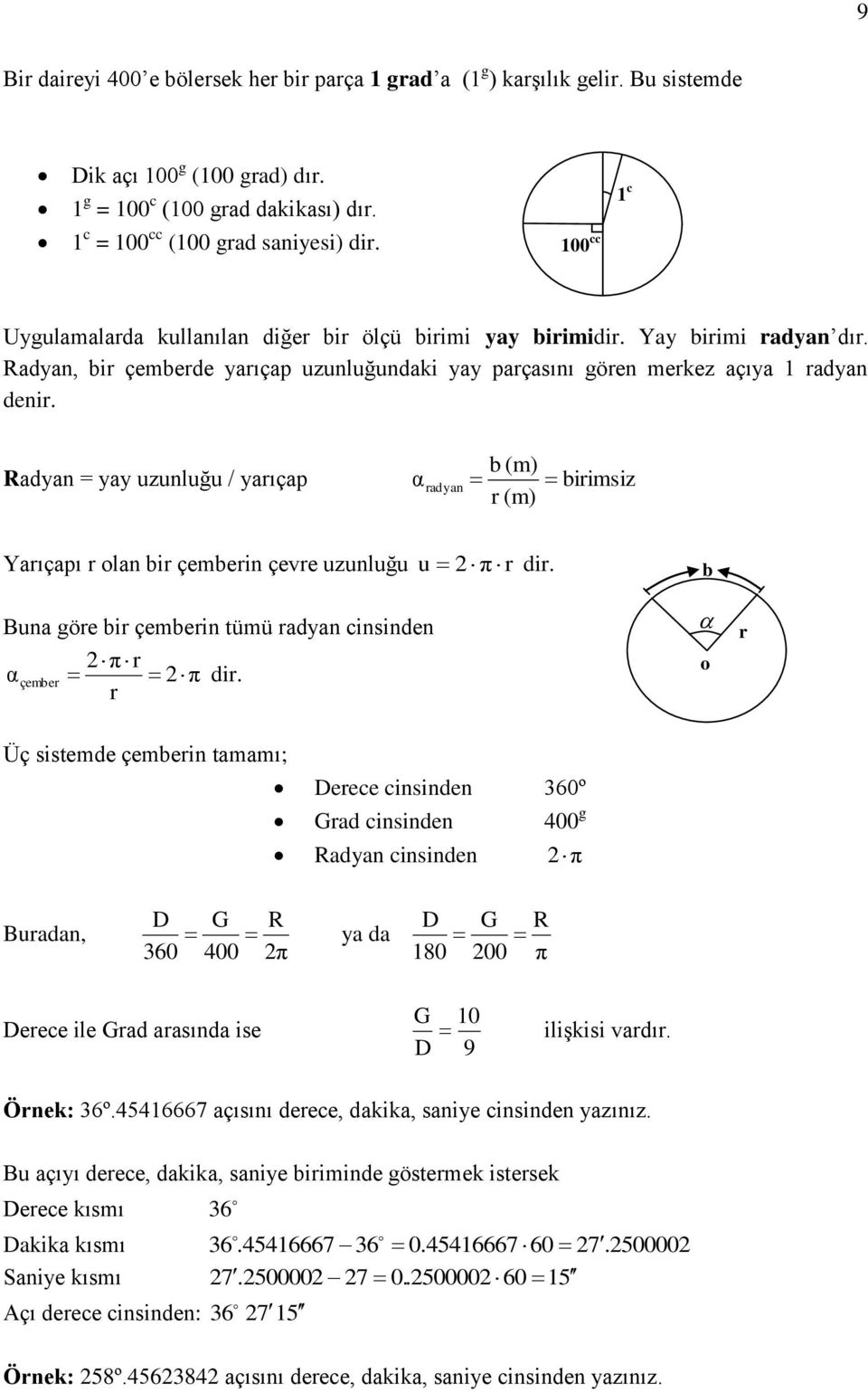 Radyan = yay uzunluğu / yarıçap α radyan b (m) birimsiz r (m) Yarıçapı r olan bir çemberin çevre uzunluğu u π r dir. b Buna göre bir çemberin tümü radyan cinsinden πr α çember π dir.