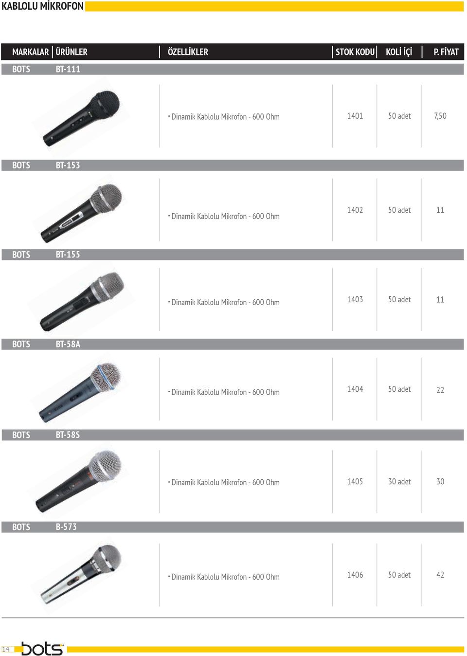 Dinamik Kablolu Mikrofon - 600 Ohm 1402 50 adet 11 BT-155.