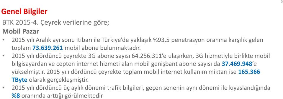 261 mobil abone bulunmaktadır. 2015 yılı dördüncü çeyrekte 3G abone sayısı 64.256.