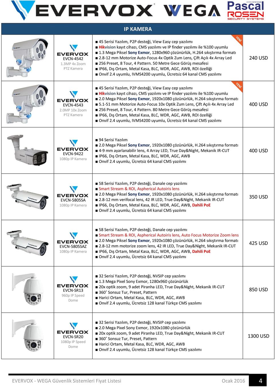 50 Metre Gece Görüş mesafesi IP66, Dış Ortam, Metal Kasa, BLC, WDR, AGC, AWB, ROI özelliği Onvif 2.4 uyumlu, IVMS4200 uyumlu, Ücretsiz 64 kanal CMS yazılımı 240 USD EVCN-4543 2.