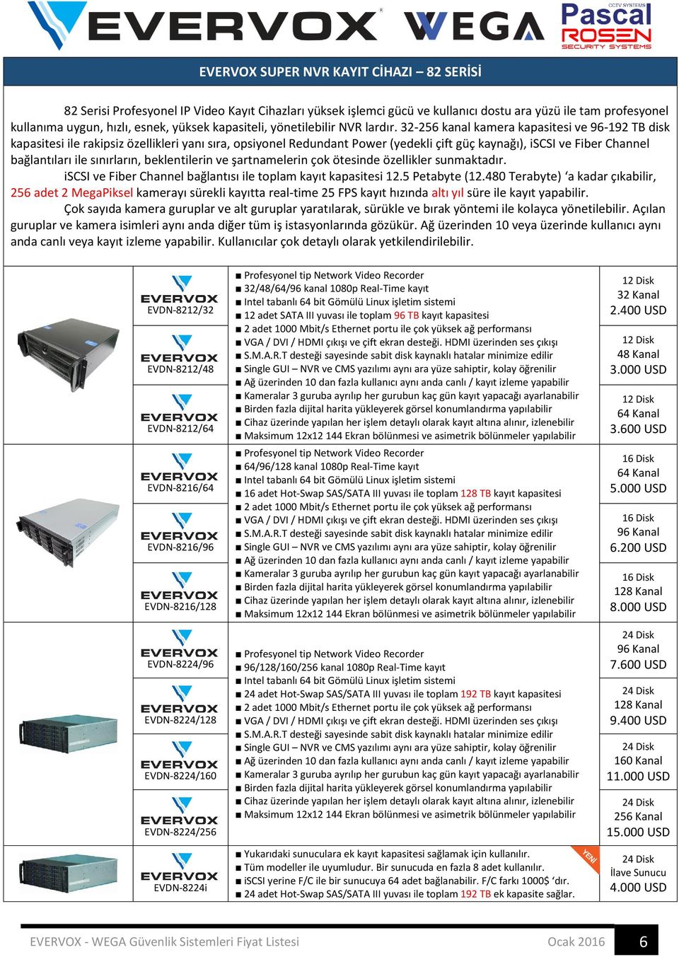 32-256 kanal kamera kapasitesi ve 96-192 TB disk kapasitesi ile rakipsiz özellikleri yanı sıra, opsiyonel Redundant Power (yedekli çift güç kaynağı), iscsi ve Fiber Channel bağlantıları ile