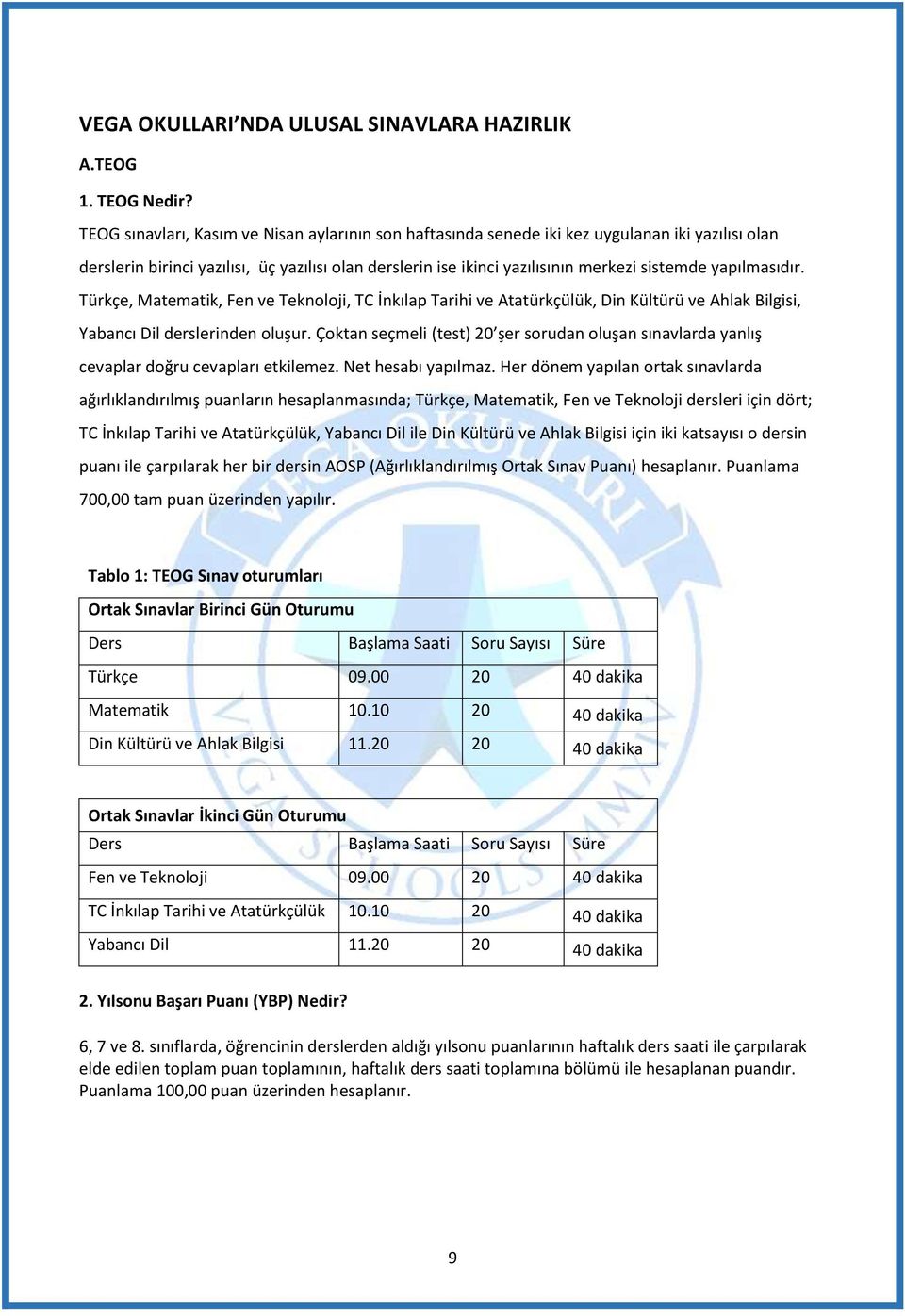 yapılmasıdır. Türkçe, Matematik, Fen ve Teknoloji, TC İnkılap Tarihi ve Atatürkçülük, Din Kültürü ve Ahlak Bilgisi, Yabancı Dil derslerinden oluşur.