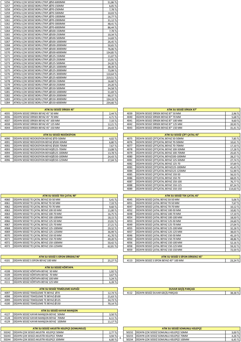 )Ø70-3000MM 48,41 TL 5263 ATIKSU ÇOK SESSİZ BORU (TRIP.)Ø70-6000MM 86,44 TL 5264 ATIKSU ÇOK SESSİZ BORU (TRIP.)Ø100-150MM 7,78 TL 5265 ATIKSU ÇOK SESSİZ BORU (TRIP.