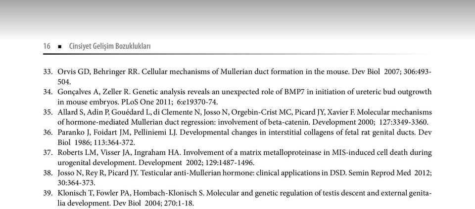 Allard S, Adin P, Gouédard L, di Clemente N, Josso N, Orgebin-Crist MC, Picard JY, Xavier F. Molecular mechanisms of hormone-mediated Mullerian duct regression: involvement of beta-catenin.