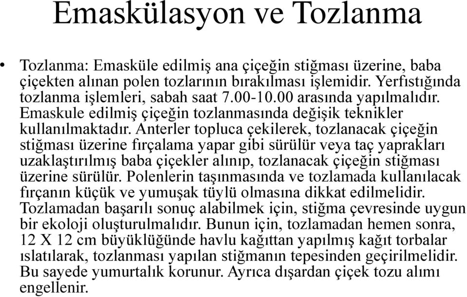 Anterler topluca çekilerek, tozlanacak çiçeğin stiğması üzerine fırçalama yapar gibi sürülür veya taç yaprakları uzaklaştırılmış baba çiçekler alınıp, tozlanacak çiçeğin stiğması üzerine sürülür.