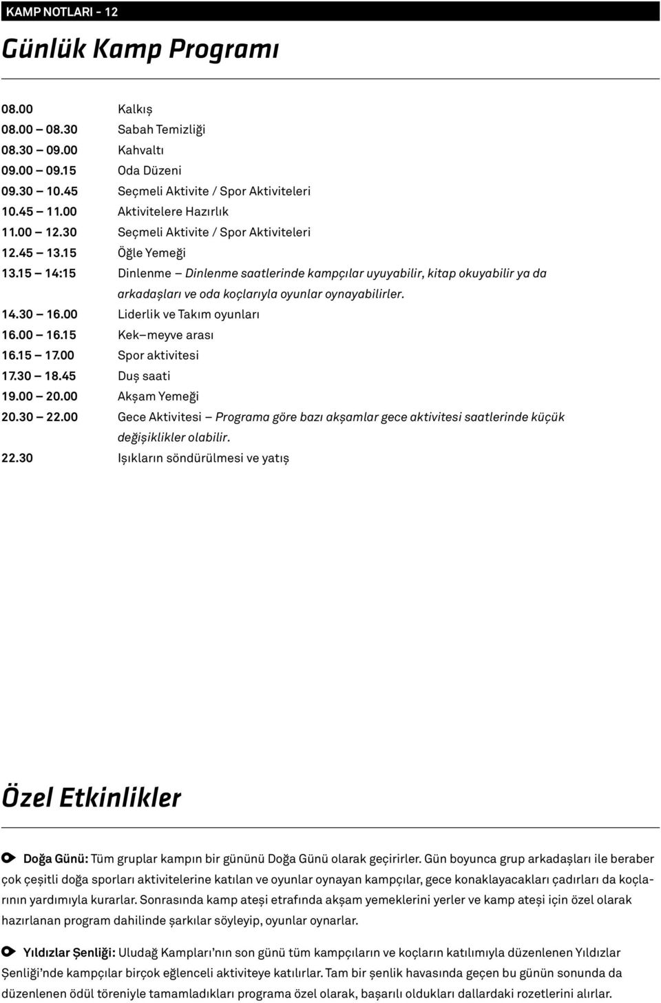 15 14:15 Dinlenme Dinlenme saatlerinde kampçılar uyuyabilir, kitap okuyabilir ya da arkadaşları ve oda koçlarıyla oyunlar oynayabilirler. 14.30 16.00 Liderlik ve Takım oyunları 16.00 16.