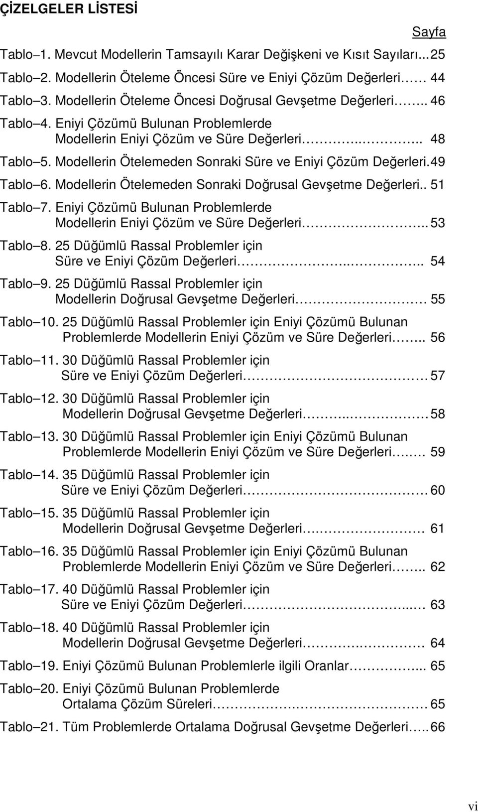 Modellerin Ötelemeden Sonraki Süre ve Eniyi Çözüm Değerleri. 49 Tablo 6. Modellerin Ötelemeden Sonraki Doğrusal Gevşetme Değerleri.. 51 Tablo 7.