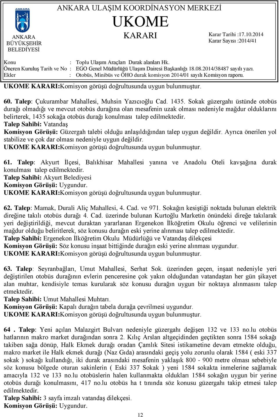 Görüşü: Güzergah talebi olduğu anlaşıldığından talep uygun değildir. Ayrıca önerilen yol stabilize ve çok dar olması nedeniyle uygun değildir. 61.