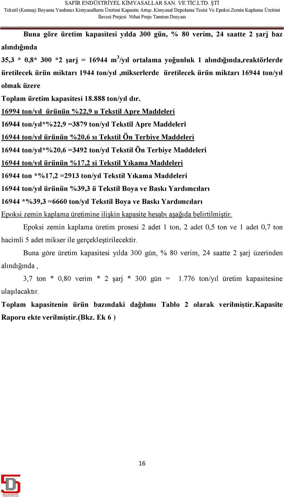 16994 ton/yıl ürünün %22,9 u Tekstil Apre Maddeleri 16944 ton/yıl*%22,9 =3879 ton/yıl Tekstil Apre Maddeleri 16944 ton/yıl ürünün %20,6 sı Tekstil Ön Terbiye Maddeleri 16944 ton/yıl*%20,6 =3492