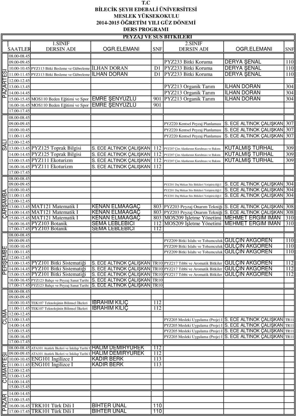 MOS110 Beden Eğitimi ve Spor EMRE ŞENYÜZLÜ 901 PYZ220 Kentsel Peyzaj Planlaması S. ECE ALTINOK ÇALIŞKAN 307 PYZ220 Kentsel Peyzaj Planlaması S.