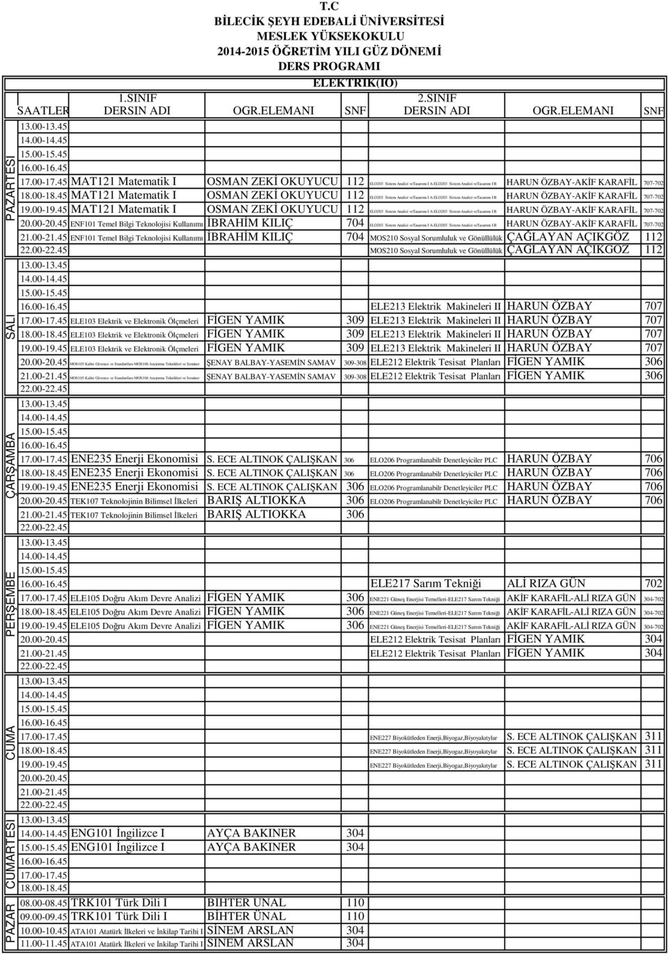 45 MAT121 Matematik I OSMAN ZEKİ OKUYUCU 112 ELO203 Sistem Analizi vetasarımı I A-ELO203 Sistem Analizi vetasarımı I B HARUN ÖZBAY-AKİF KARAFİL 707-702 20.00-20.