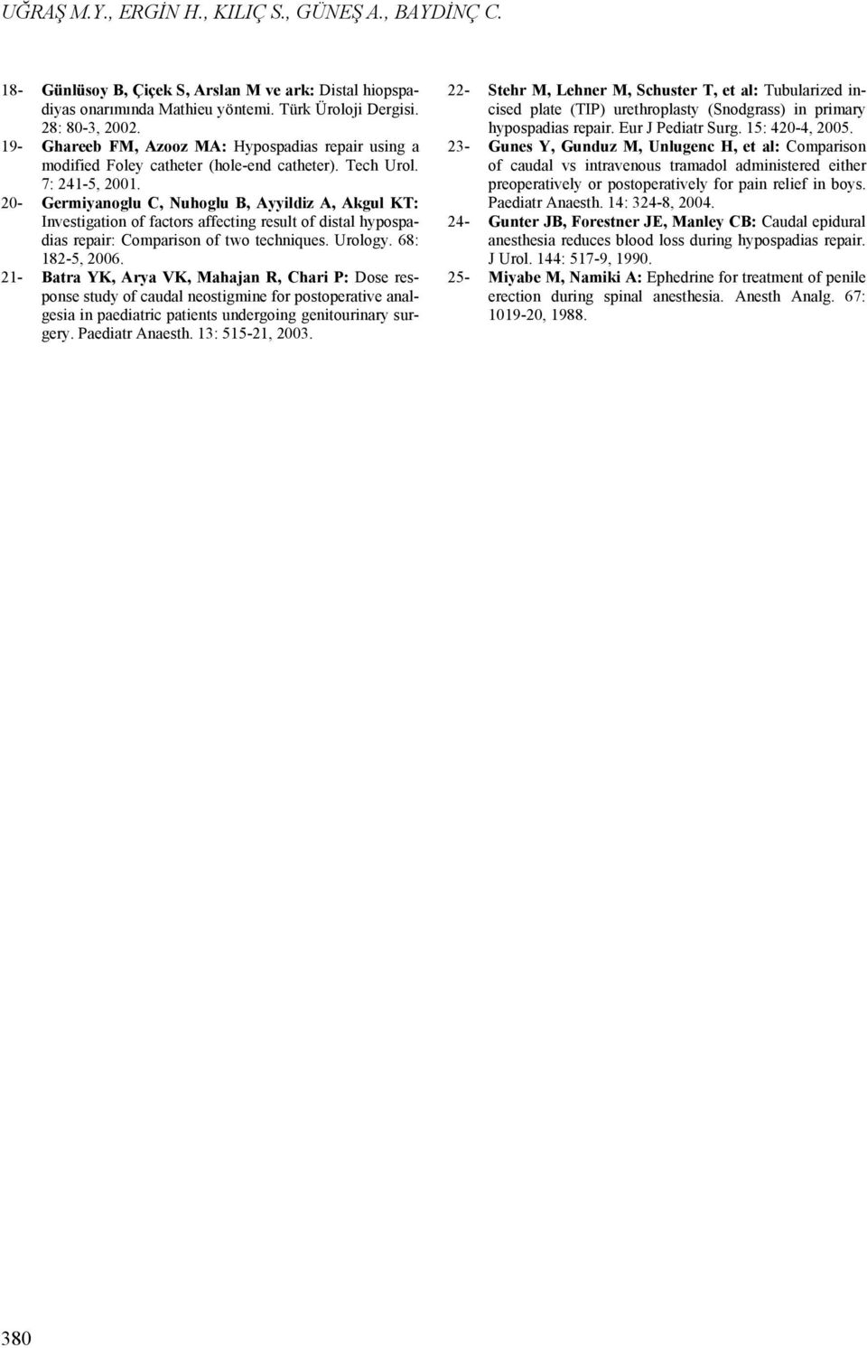 20- Germiyanoglu C, Nuhoglu B, Ayyildiz A, Akgul KT: Investigation of factors affecting result of distal hypospadias repair: Comparison of two techniques. Urology. 68: 182-5, 2006.