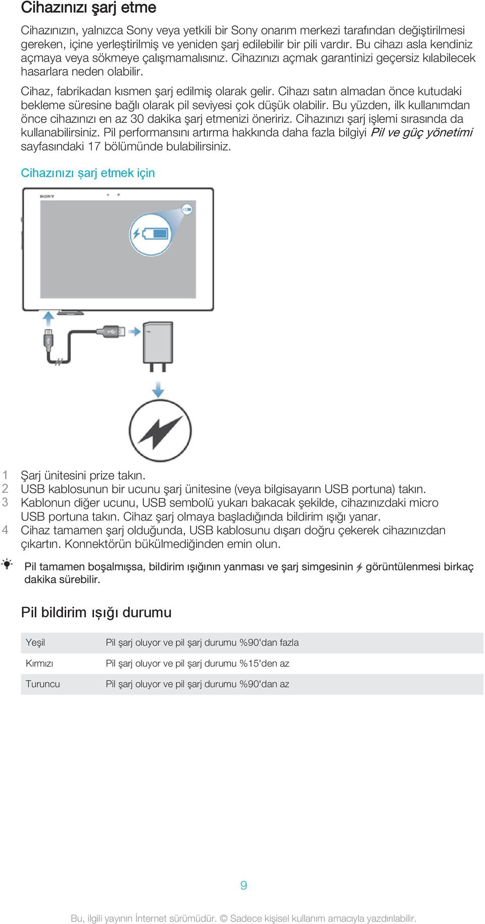 Cihazı satın almadan önce kutudaki bekleme süresine bağlı olarak pil seviyesi çok düşük olabilir. Bu yüzden, ilk kullanımdan önce cihazınızı en az 30 dakika şarj etmenizi öneririz.