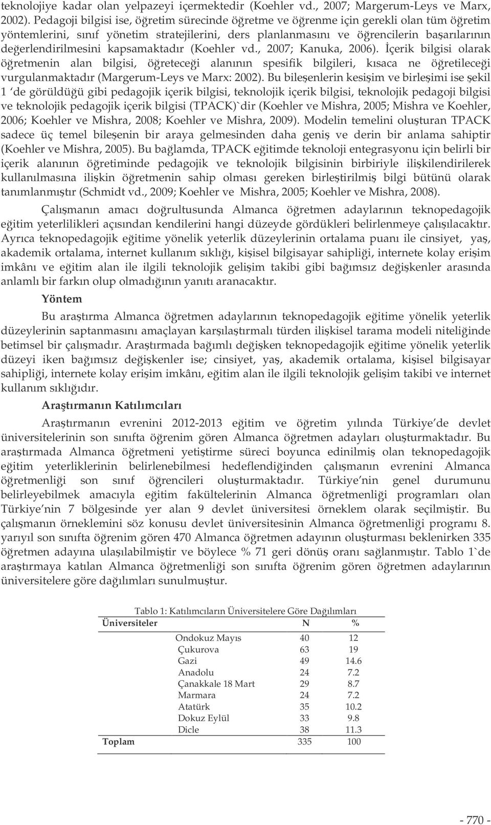 kapsamaktadır (Koehler vd., 2007; Kanuka, 2006). çerik bilgisi olarak öretmenin alan bilgisi, öretecei alanının spesifik bilgileri, kısaca ne öretilecei vurgulanmaktadır (Margerum-Leys ve Marx: 2002).