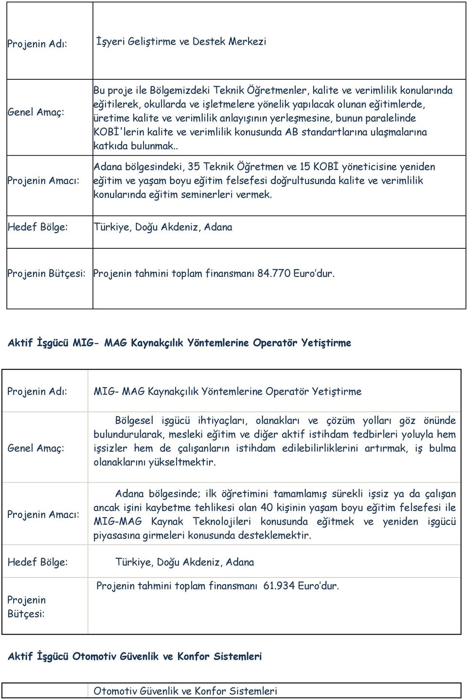 . Adana bölgesindeki, 35 Teknik Öğretmen ve 15 KOBİ yöneticisine yeniden eğitim ve yaşam boyu eğitim felsefesi doğrultusunda kalite ve verimlilik konularında eğitim seminerleri vermek.