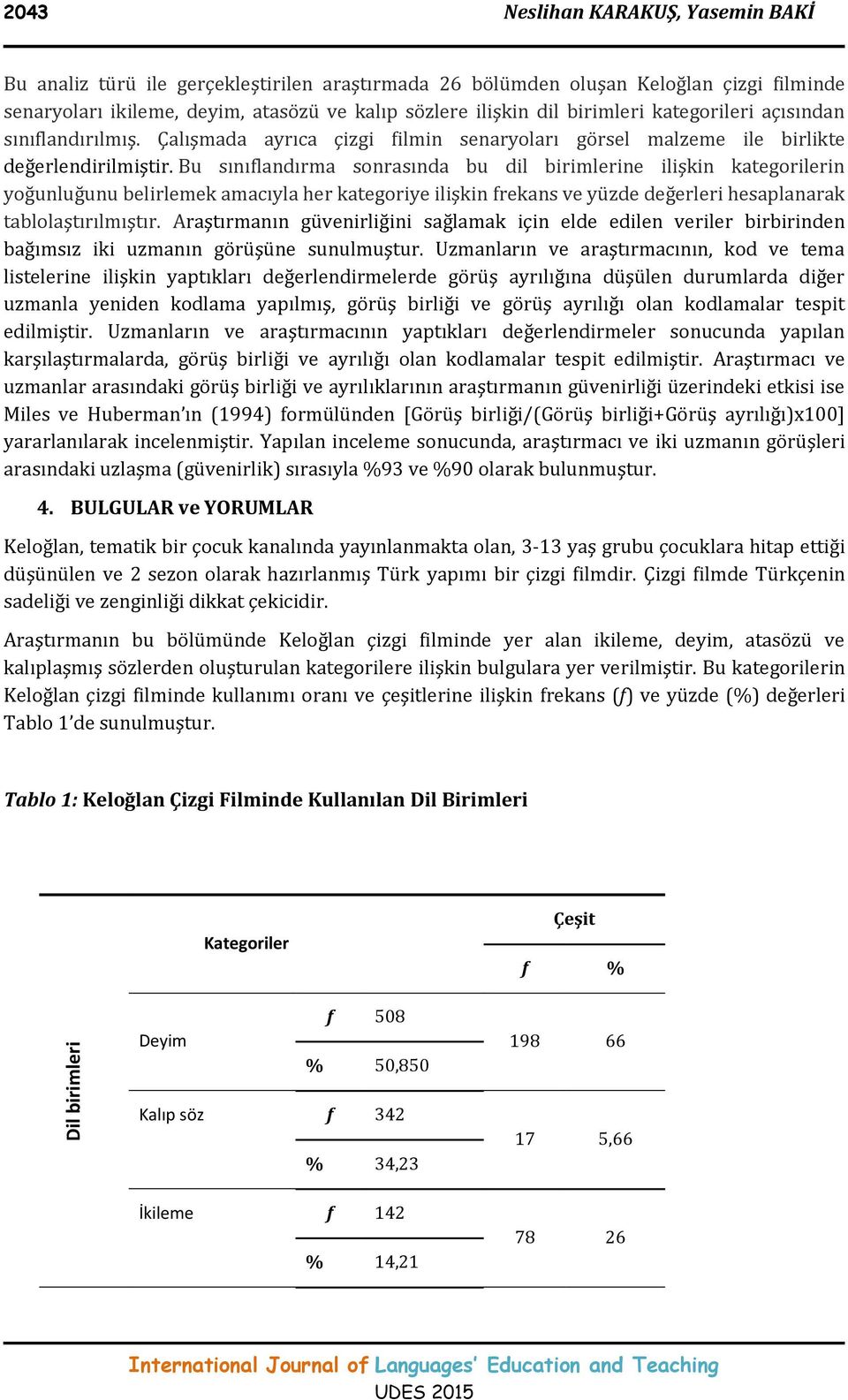 Bu sınıflandırma sonrasında bu dil birimlerine ilişkin kategorilerin yoğunluğunu belirlemek amacıyla her kategoriye ilişkin frekans ve yüzde değerleri hesaplanarak tablolaştırılmıştır.