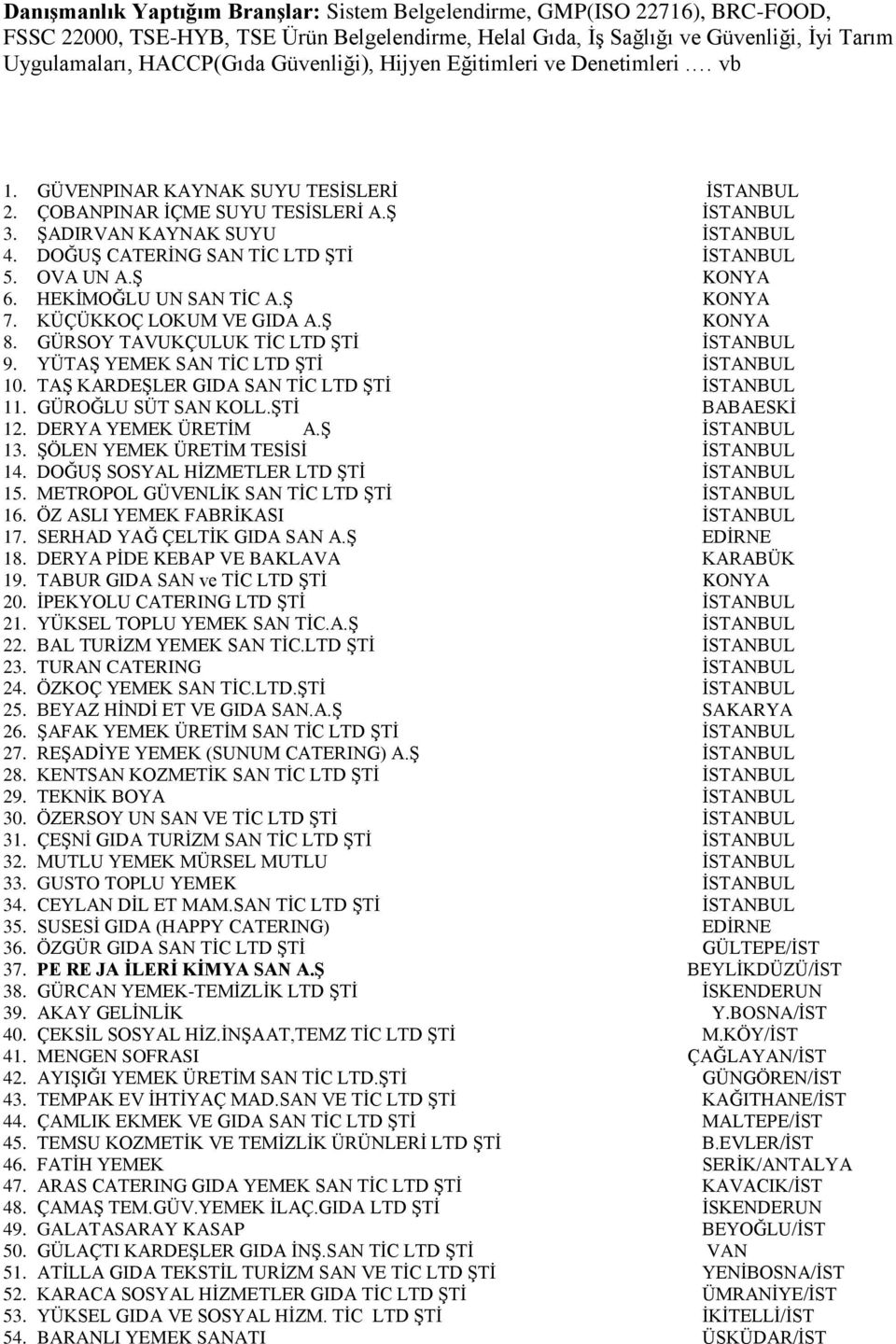 DOĞUŞ CATERİNG SAN TİC LTD ŞTİ İSTANBUL 5. OVA UN A.Ş KONYA 6. HEKİMOĞLU UN SAN TİC A.Ş KONYA 7. KÜÇÜKKOÇ LOKUM VE GIDA A.Ş KONYA 8. GÜRSOY TAVUKÇULUK TİC LTD ŞTİ İSTANBUL 9.