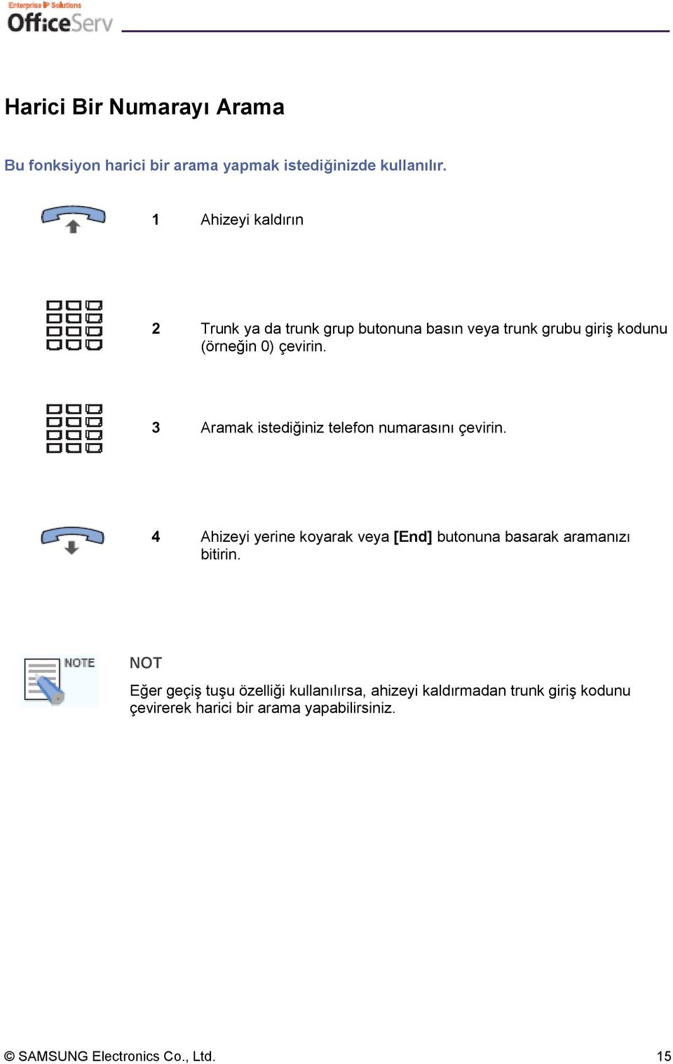 3 Aramak istediğiniz telefon numarasını çevirin. 4 Ahizeyi yerine koyarak veya [End] butonuna basarak aramanızı bitirin.