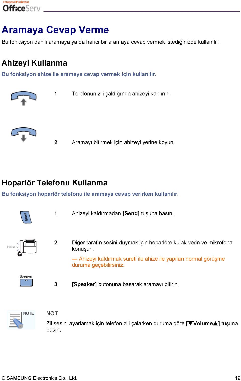 1 Ahizeyi kaldırmadan [Send] tuşuna basın. 2 Diğer tarafın sesini duymak için hoparlöre kulak verin ve mikrofona konuşun.