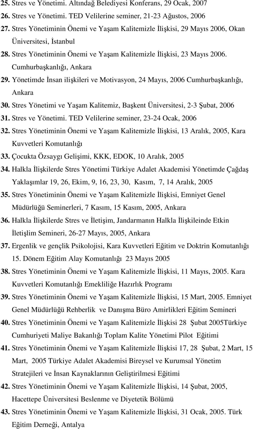 Yönetimde İnsan ilişkileri ve Motivasyon, 24 Mayıs, 2006 Cumhurbaşkanlığı, Ankara 30. Stres Yönetimi ve Yaşam Kalitemiz, Başkent Üniversitesi, 2-3 Şubat, 2006 31. Stres ve Yönetimi.