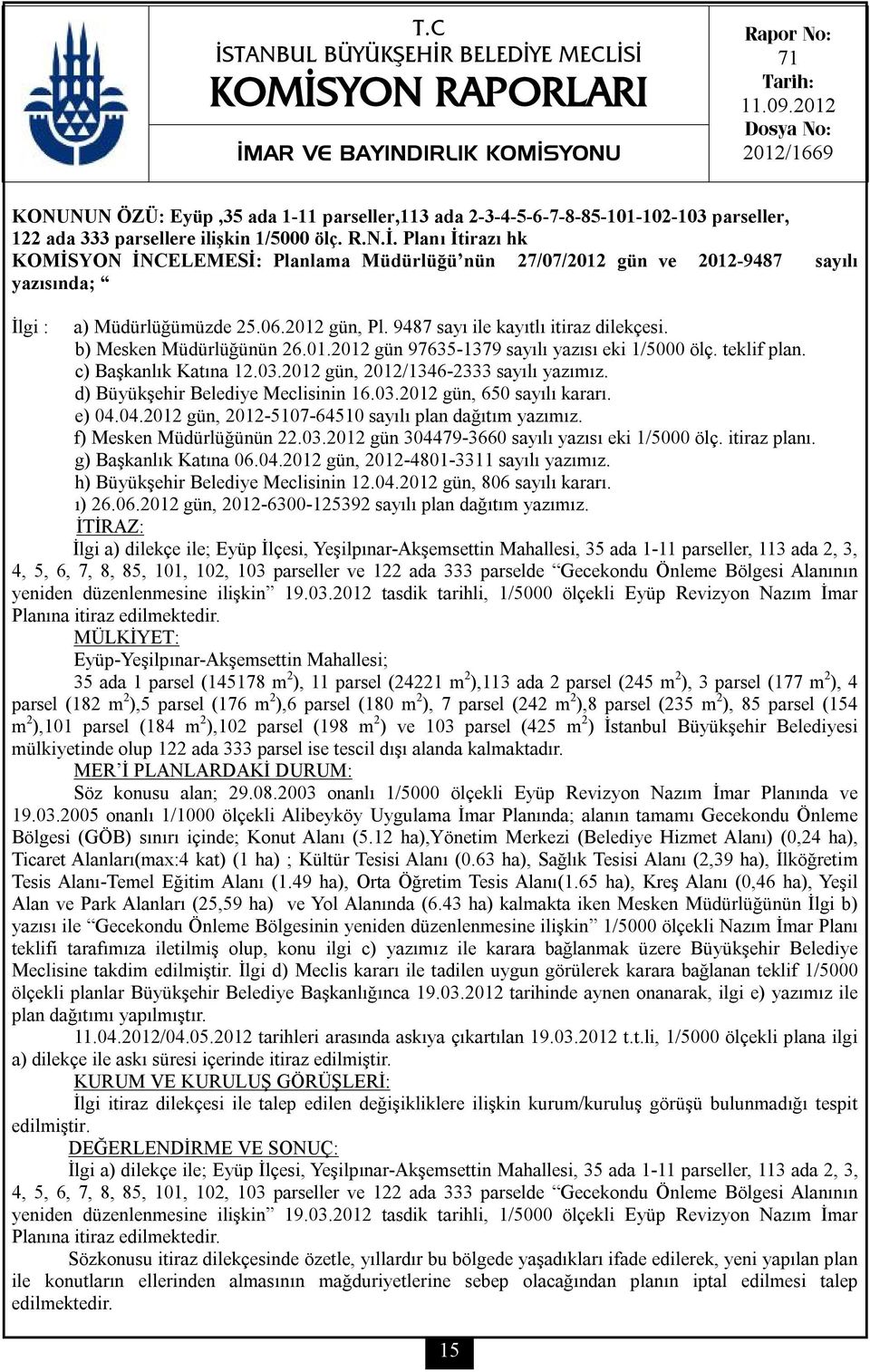 Planı İtirazı hk KOMİSYON İNCELEMESİ: Planlama Müdürlüğü nün 27/07/2012 gün ve 2012-9487 sayılı yazısında; İlgi : a) Müdürlüğümüzde 25.06.2012 gün, Pl. 9487 sayı ile kayıtlı itiraz dilekçesi.